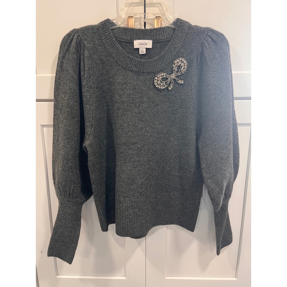 CeCe Womens Puff Sleeve Rhinestone Bow Brooch Sweater Grey XS NEW